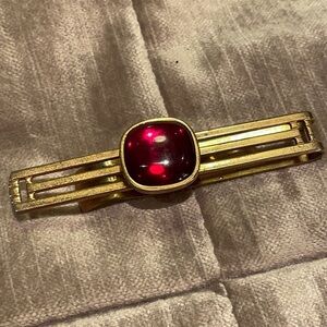 VINTAGE Gold Tie Clip With Red Faux Ruby